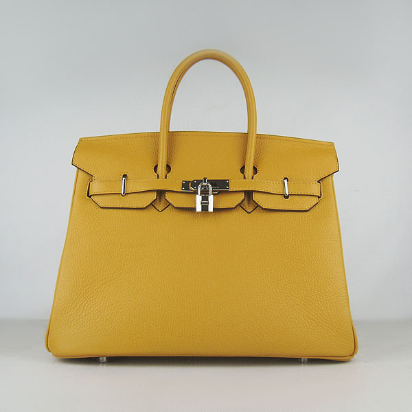 High Quality Fake Hermes 35CM Embossed Veins Leather Bag Yellow 6089